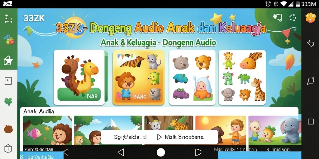 Antarmuka aplikasi 33ZK dengan fitur Dongeng Audio yang menarik.